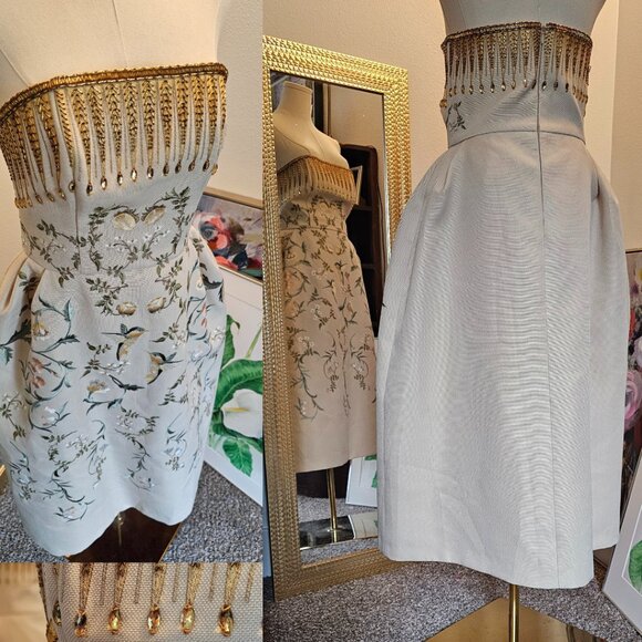 Whimsical Fairytale Strapless Dress Sz 8 L Wedding Garden Embroidered Tea Length - Picture 8 of 12